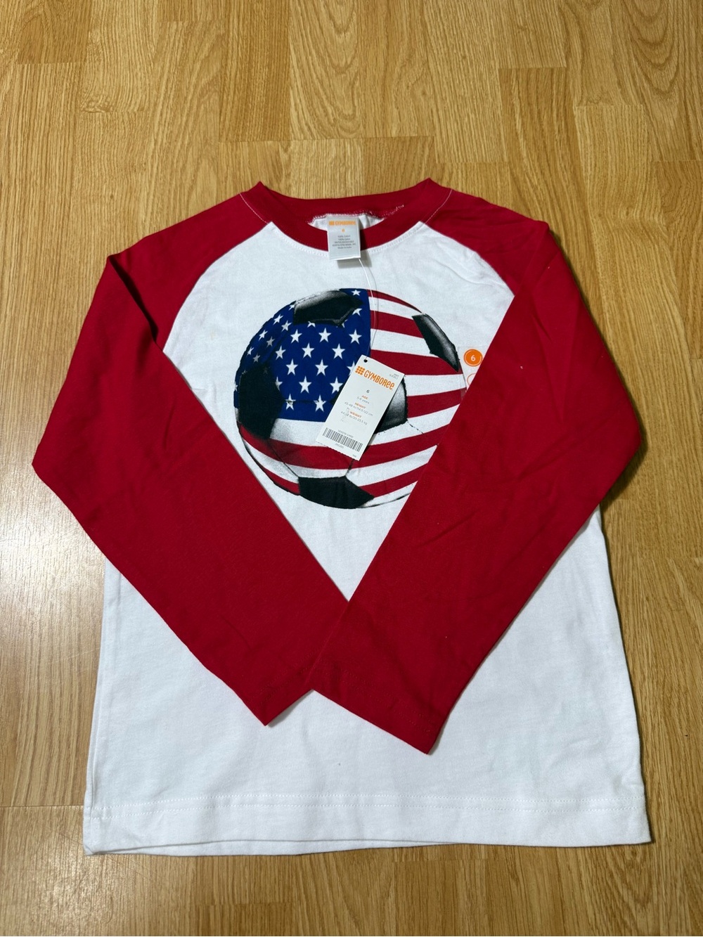 Kids Red & White Raglan Soccer Tee with USA Flag Graphic - Size 6